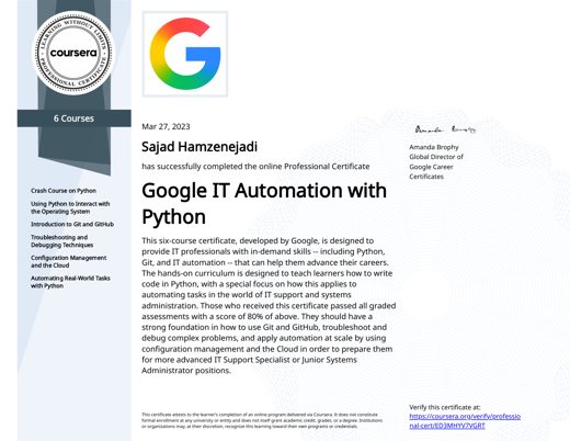 Google IT Automation with Python Professional Certificate certificate